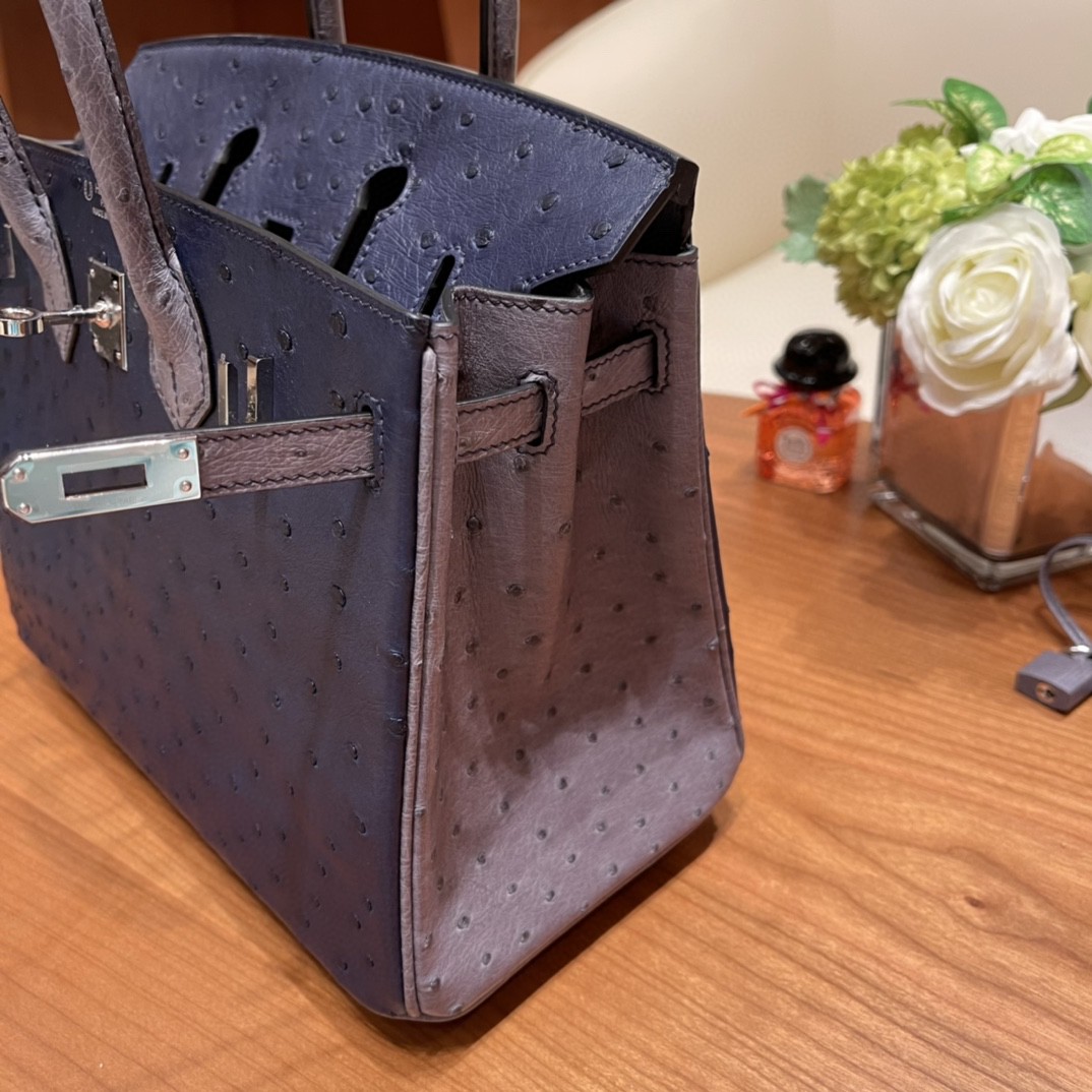 HERMES 高级定制 birkin 25cm 鸵鸟皮 ostrich 77鸢尾蓝Bleu lris拼玛瑙灰Gris Agate 高级拼色色系 银扣