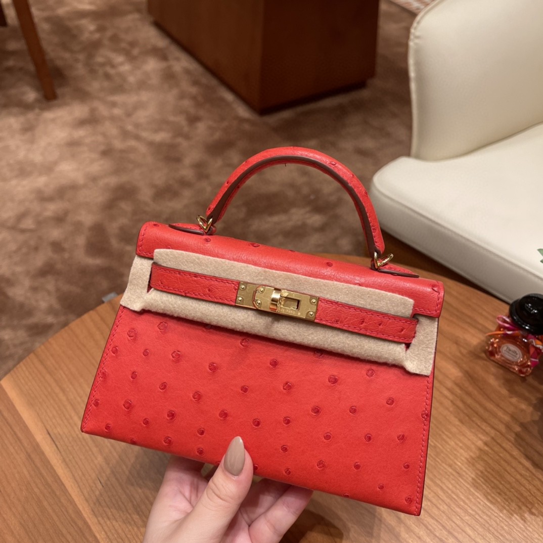 HERMES mini kelly 二代 鸵鸟皮ostrich 皮 S3 心红 金扣