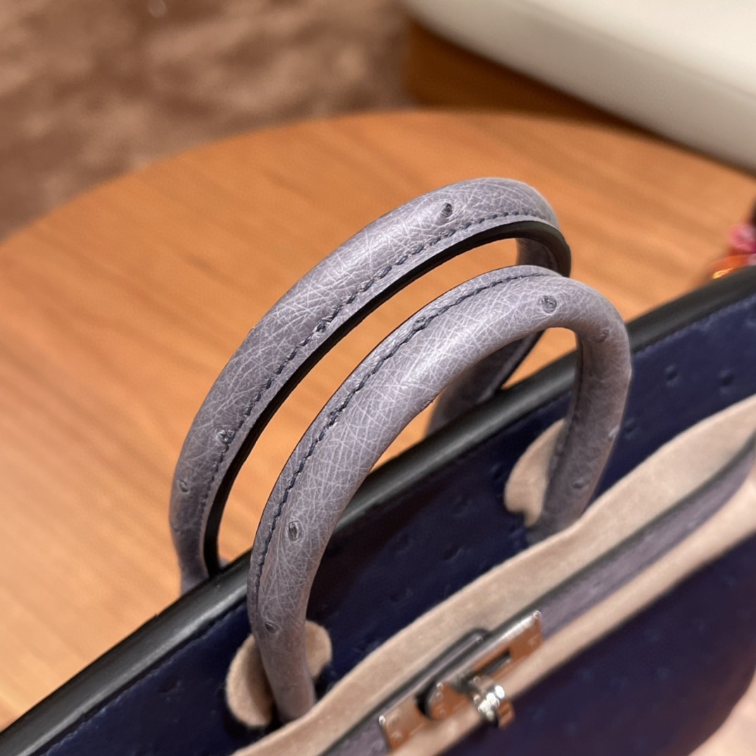 HERMES 高级定制 birkin 25cm 鸵鸟皮 ostrich 77鸢尾蓝Bleu lris拼玛瑙灰Gris Agate 高级拼色色系 银扣