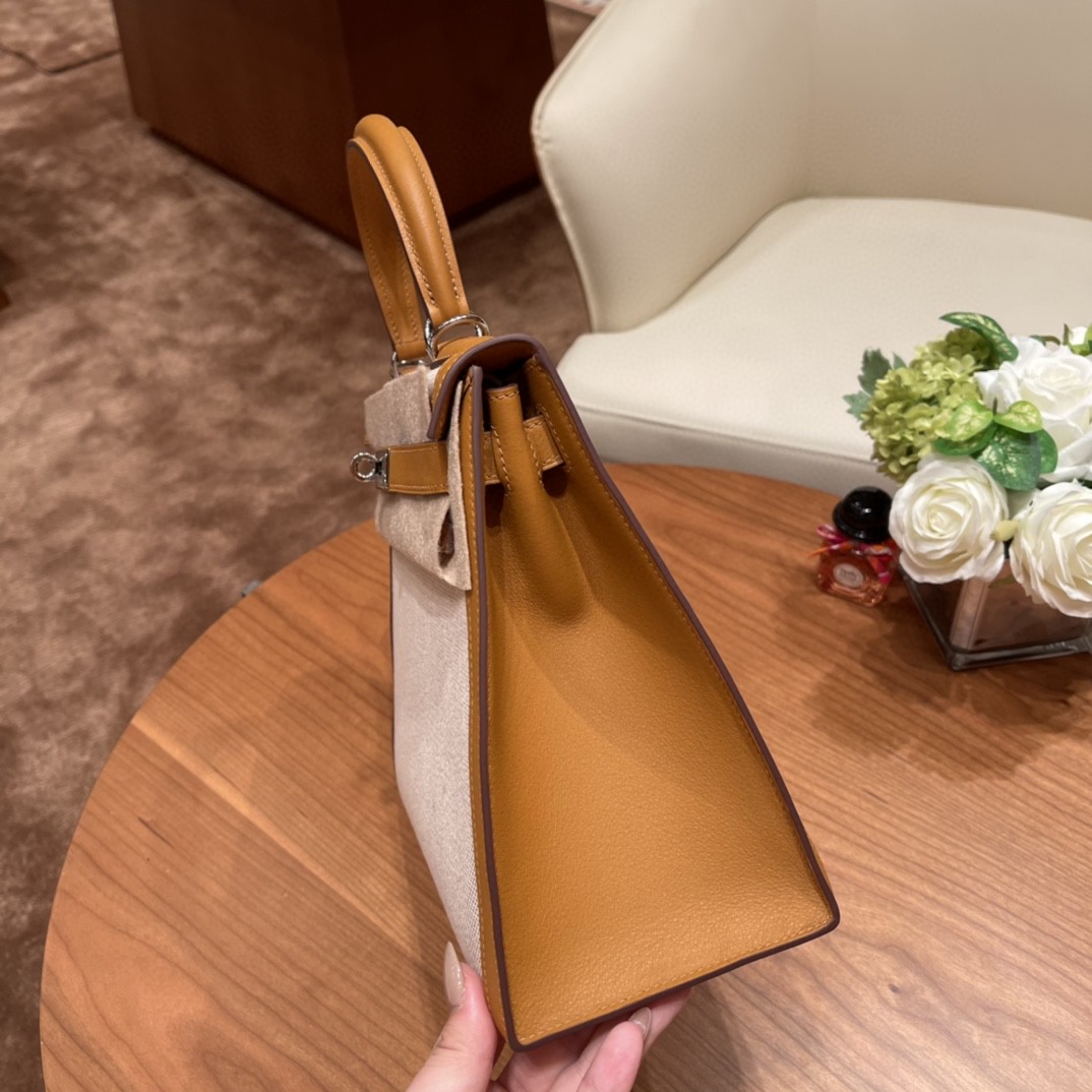 HERMES 最美帆布系列 限量款 kelly 28cm Kelly Toile H 2S 芝麻色 银扣