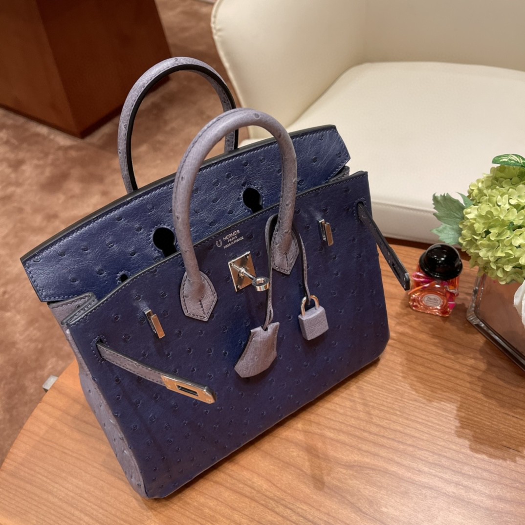 HERMES 高级定制 birkin 25cm 鸵鸟皮 ostrich 77鸢尾蓝Bleu lris拼玛瑙灰Gris Agate 高级拼色色系 银扣