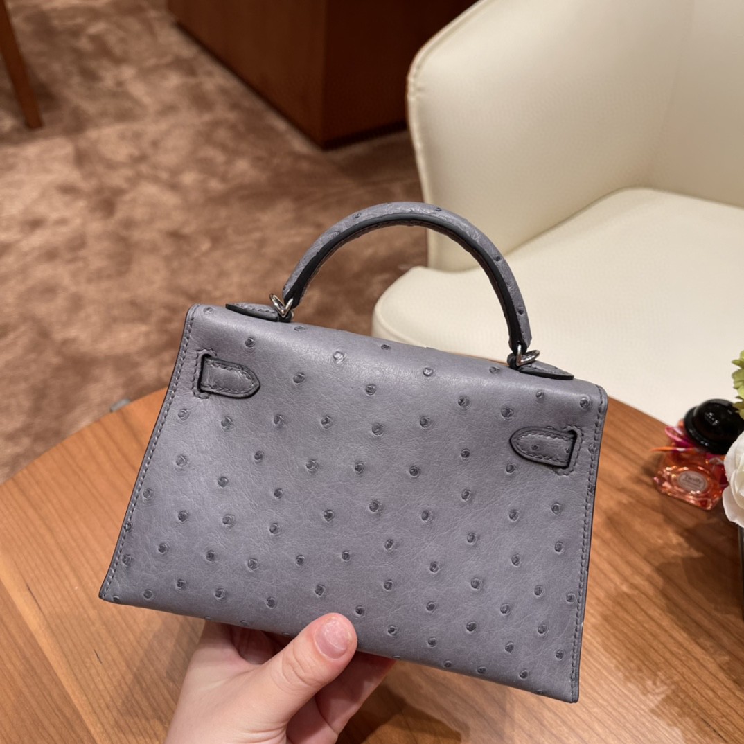 HERMES 爱马仕 mini kelly 二代 鸵鸟皮ostrich 皮 82 玛瑙灰银扣