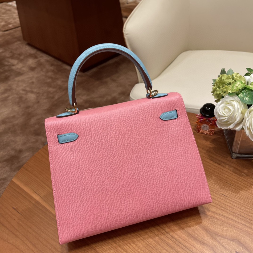 爱马仕 HERMES Kelly 25cm epsom皮 VIP定制 马蹄印 1Q 奶昔粉拼3P 马卡龙蓝 金扣