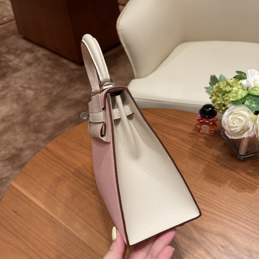 爱马仕 HERMES Kelly 25cm epsom皮 VIP定制 马蹄印 3Q 粉拼10 奶昔白 银扣