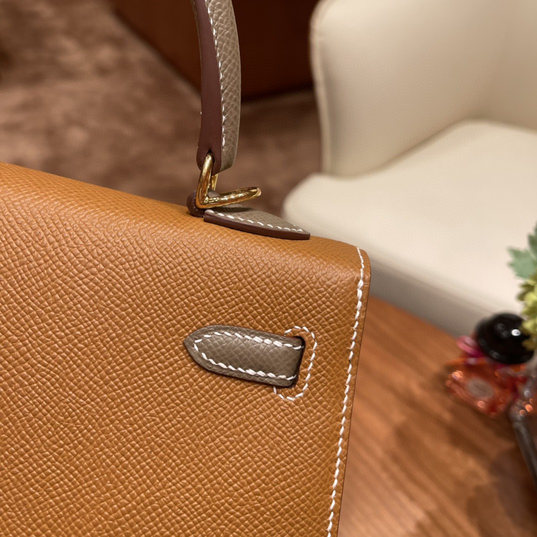 爱马仕 HERMES Kelly 25cm epsom皮 VIP定制 马蹄印 37 金棕拼18 大象灰 金扣