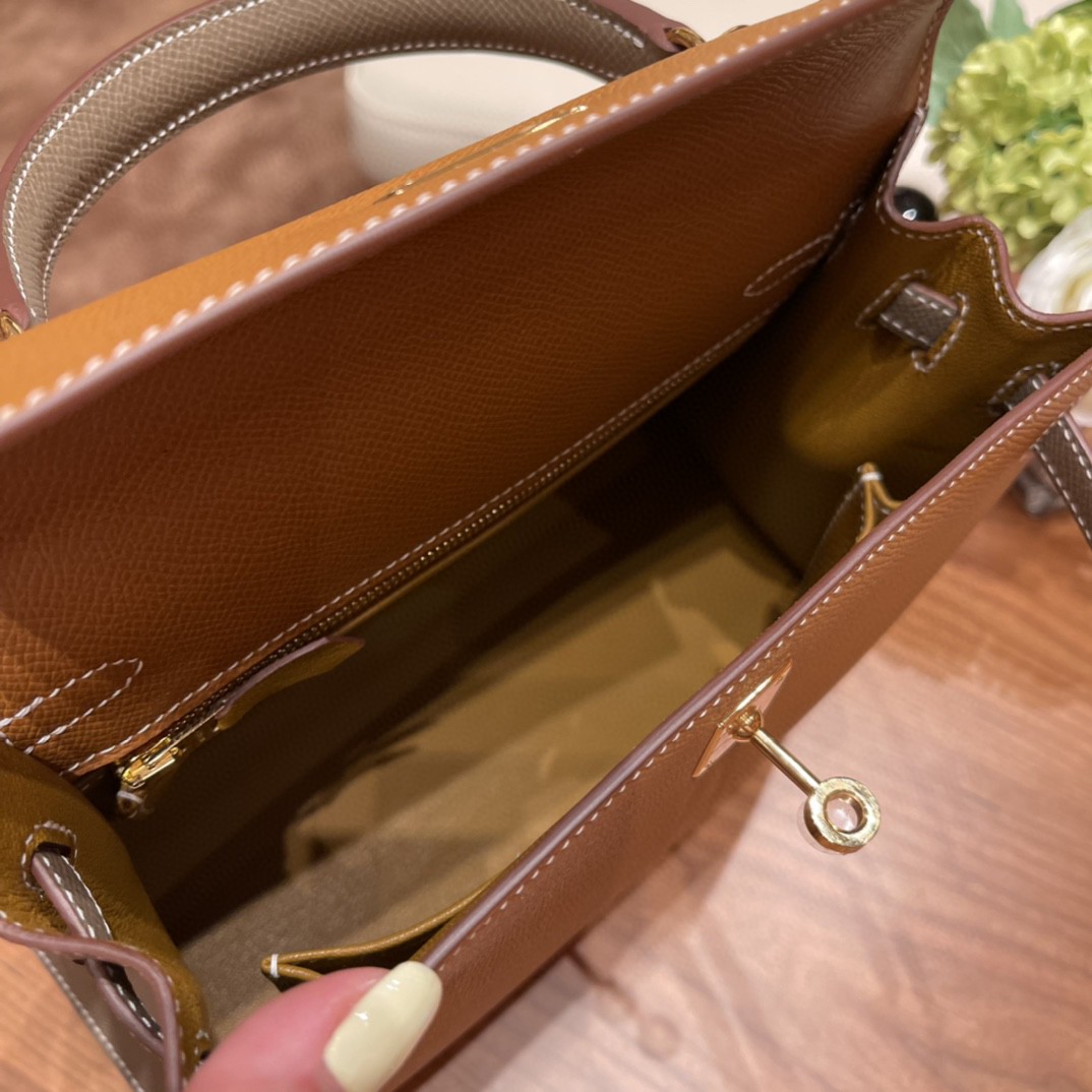 爱马仕 HERMES Kelly 25cm epsom皮 VIP定制 马蹄印 37 金棕拼18 大象灰 金扣