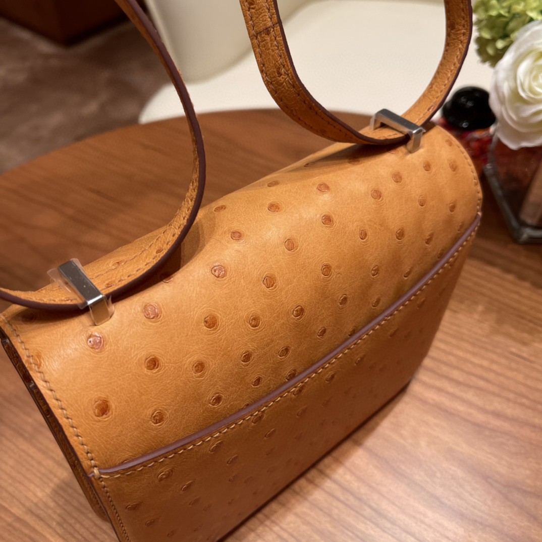 HERMES 爱马仕 19 康康鸵鸟皮 9V 太阳黄 银扣