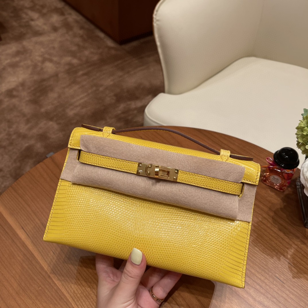 爱马仕 Kelly pochette 一代手包 西班牙lizard 蜥蜴皮 9L 金丝雀黄 金扣