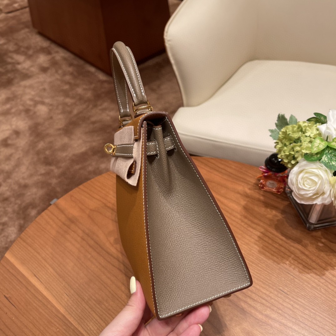 爱马仕 HERMES Kelly 25cm epsom皮 VIP定制 马蹄印 37 金棕拼18 大象灰 金扣