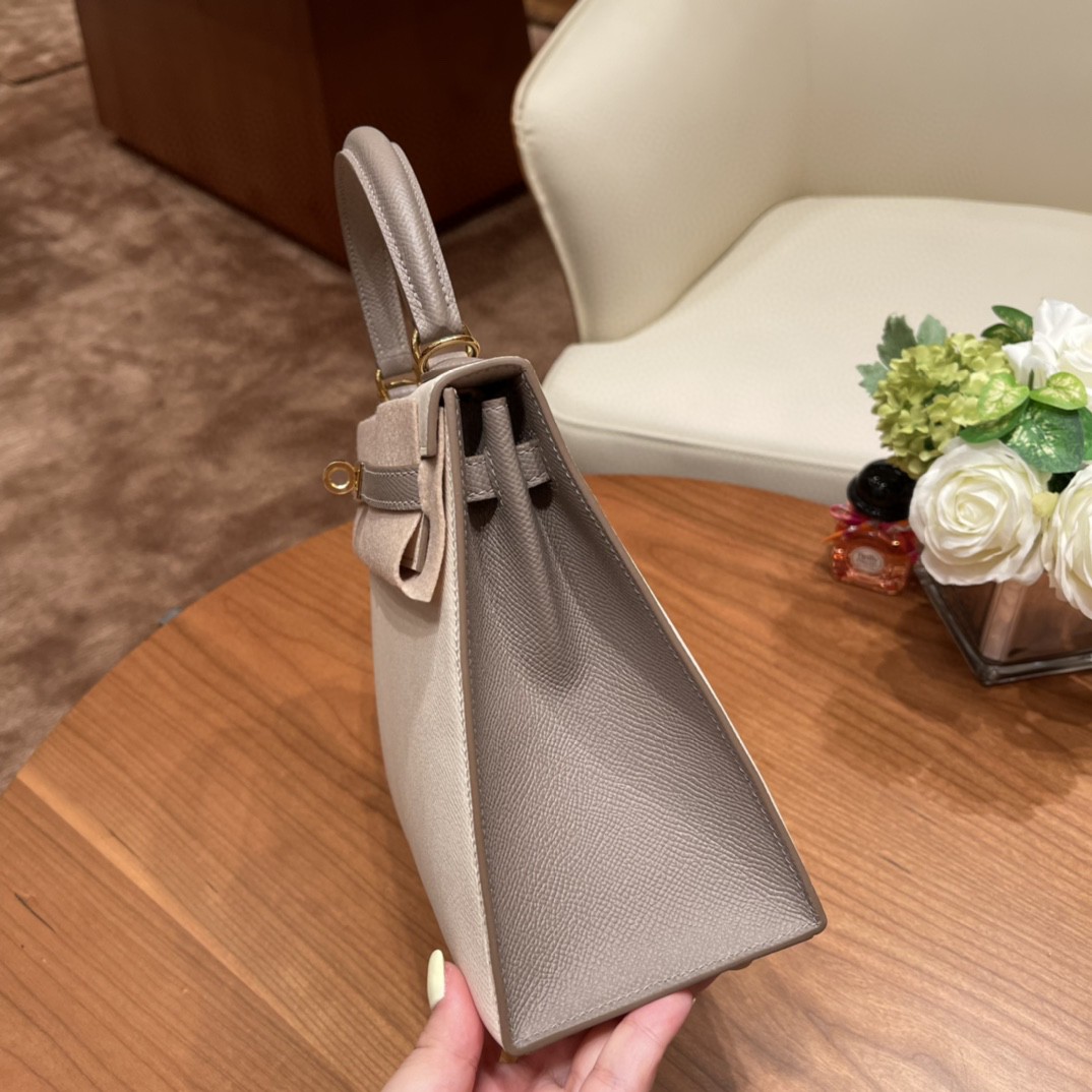 爱马仕 HERMES Kelly 25cm epsom皮 VIP定制 马蹄印 10 奶昔白拼 m8 沥青灰 金扣