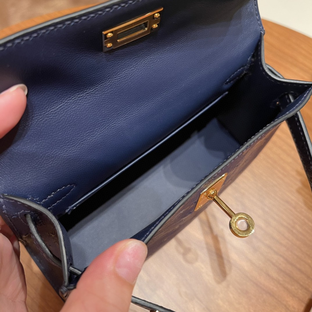 HERMES 爱马仕 mini kelly 二代 鸵鸟皮ostrich 皮 73 宝石蓝 金扣