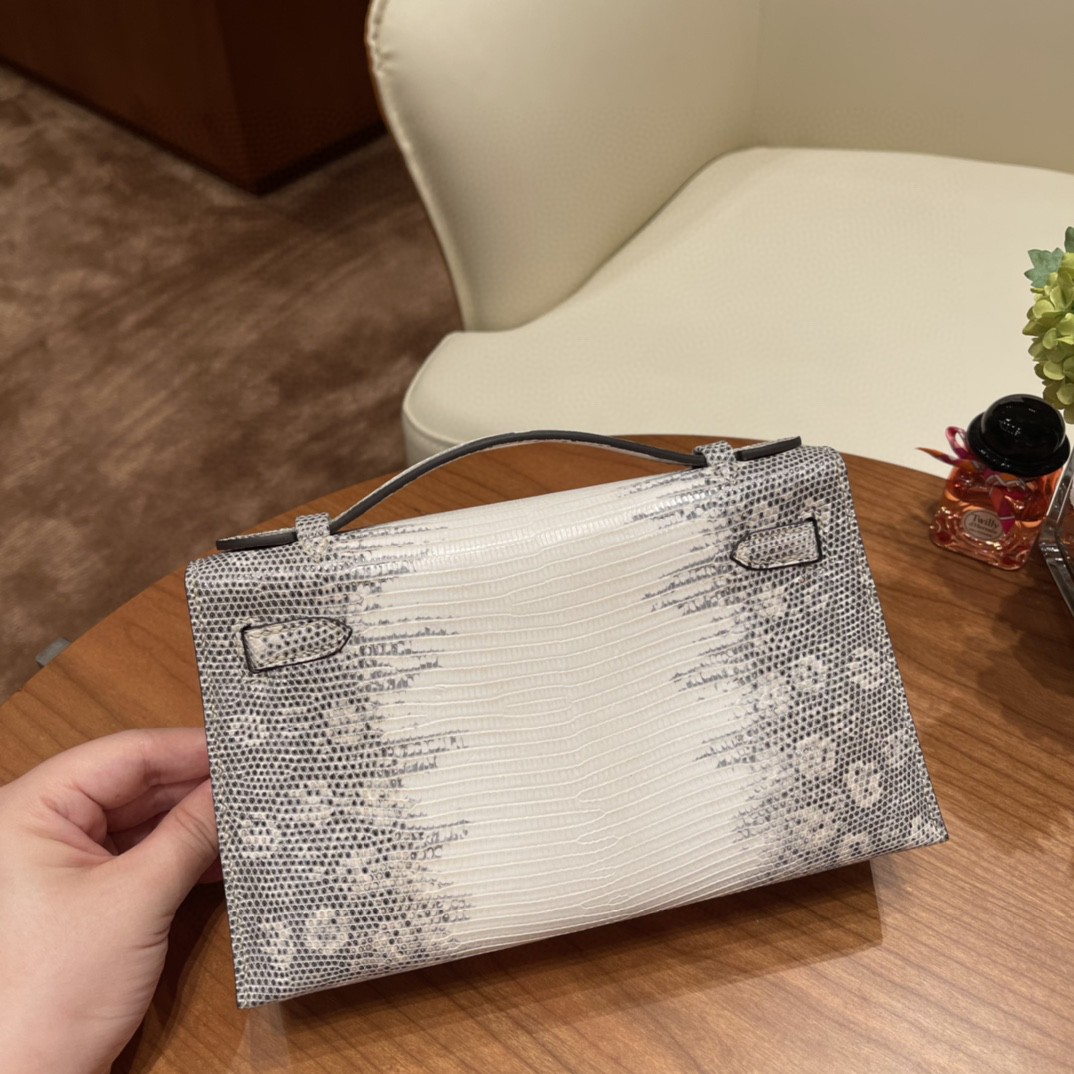 爱马仕 Kelly pochette 一代手包 西班牙lizard 蜥蜴皮 1B 雪花色 银扣