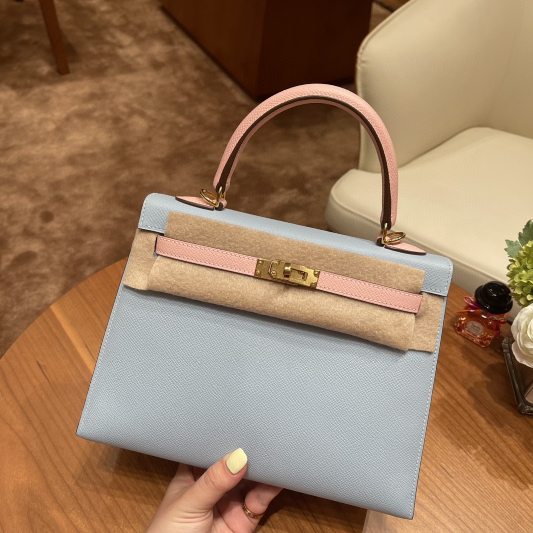 爱马仕 HERMES Kelly 25cm epsom皮 VIP定制 马蹄印 BB 蓝拼3Q粉 金扣