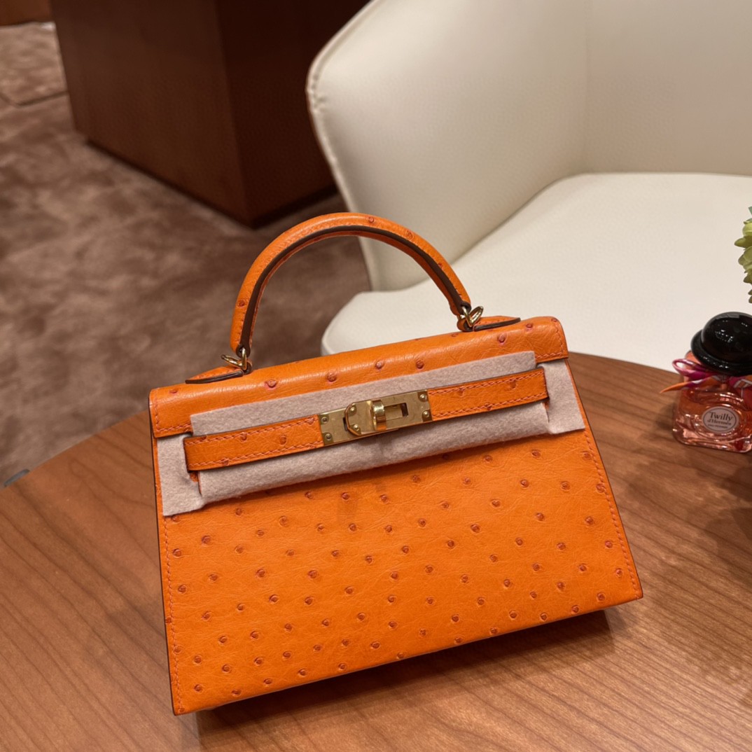 HERMES 爱马仕 mini kelly 二代 鸵鸟皮ostrich 皮 93 橙色 金扣