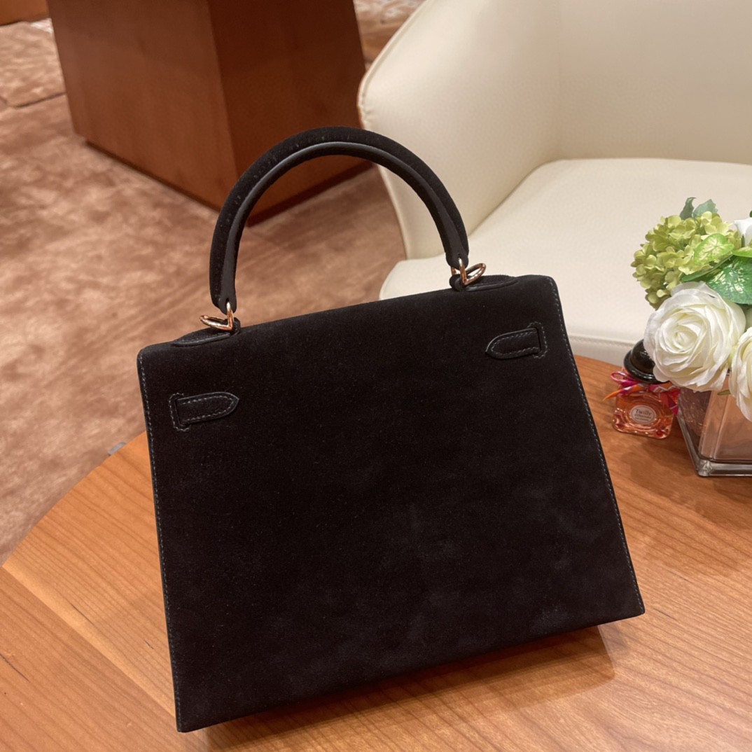 HERMES 爱马仕 现货 25凯莉 磨砂皮黑色 玫瑰金