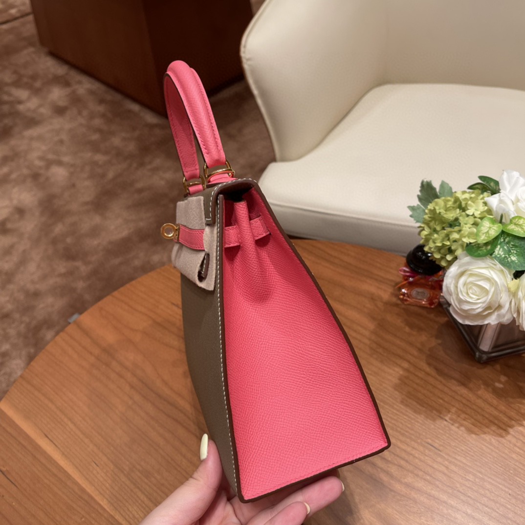 爱马仕 HERMES Kelly 25cm epsom皮 VIP定制 马蹄印 18 大象灰拼8W 唇膏粉 金扣