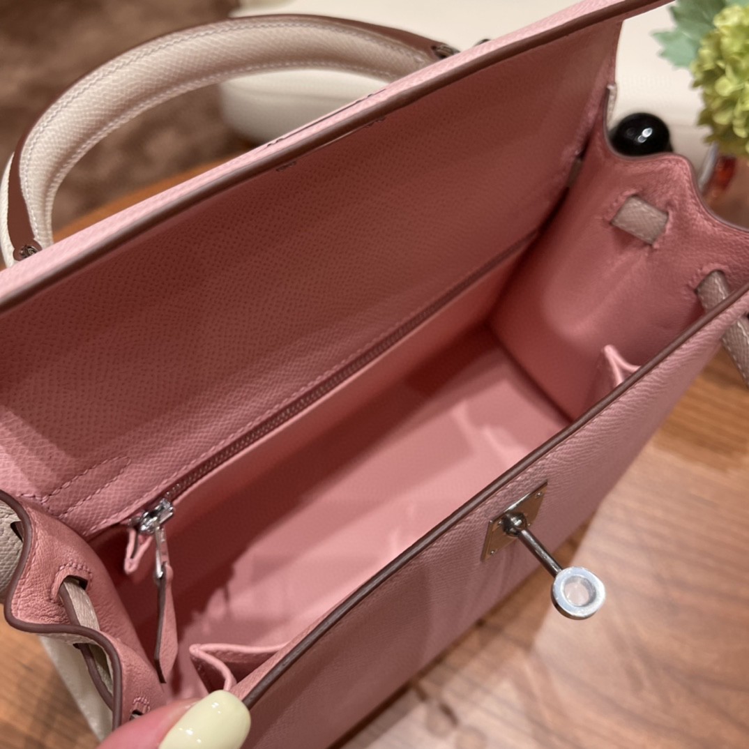 爱马仕 HERMES Kelly 25cm epsom皮 VIP定制 马蹄印 3Q 粉拼10 奶昔白 银扣