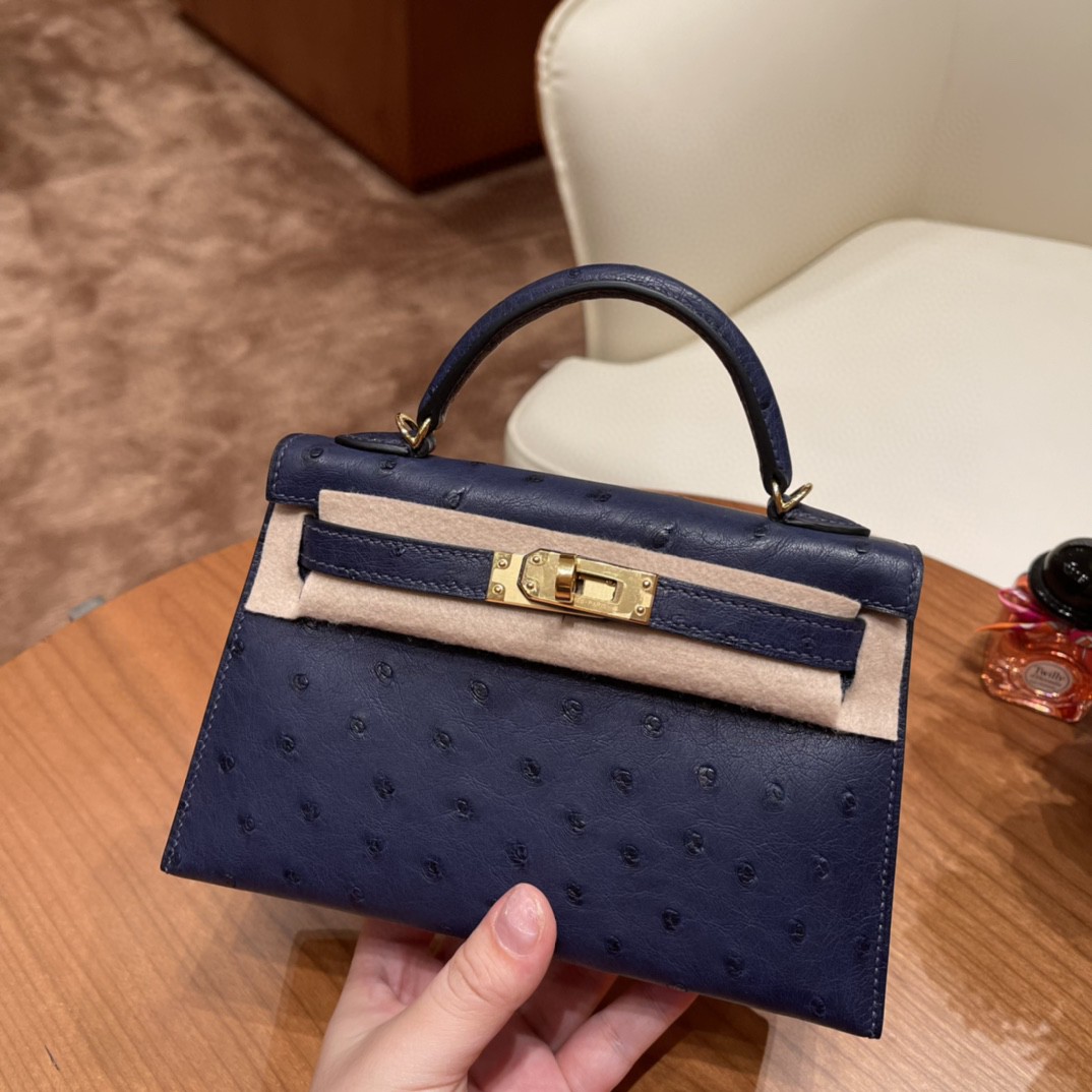 HERMES 爱马仕 mini kelly 二代 鸵鸟皮ostrich 皮 73 宝石蓝 金扣