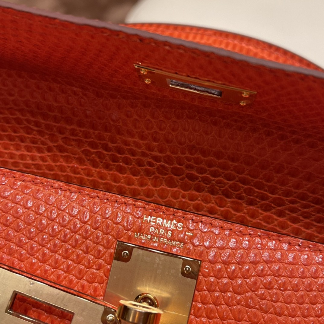 HERMES 28 Kelly 西班牙lizard 蜥蜴皮 稀有动物皮里 蜥蜴皮性比价还是很高的 9J 火焰橙 金扣