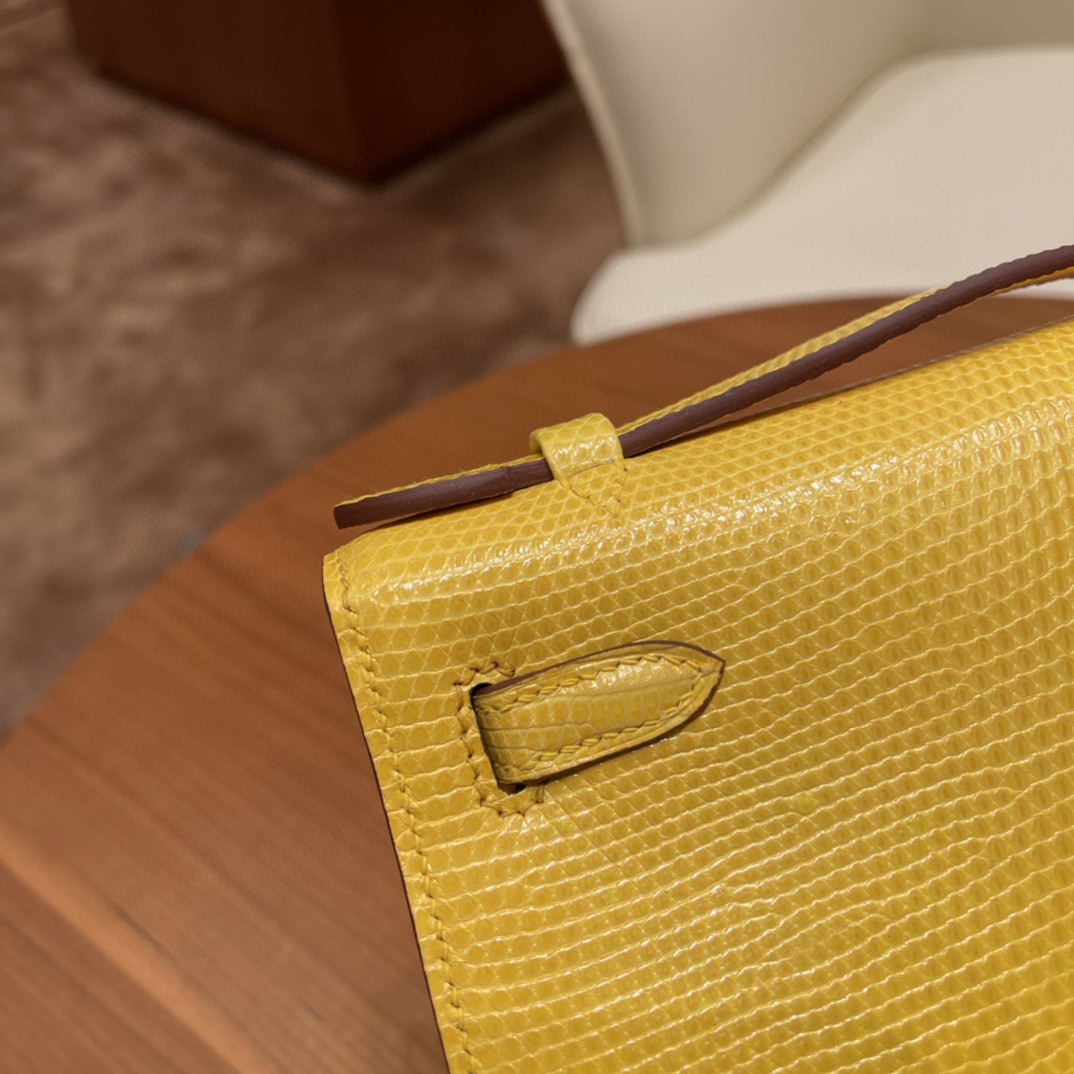 HERMES Kelly pochette 一代手包 西班牙lizard 蜥蜴皮 9L 金丝雀黄银扣