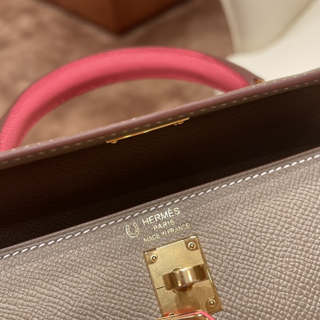 爱马仕 HERMES Kelly 25cm epsom皮 VIP定制 马蹄印 18 大象灰拼8W 唇膏粉 金扣
