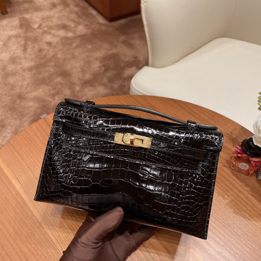 HERMES Kelly pochette 一代手包 亮光美洲鳄Alligator  89黑色 金扣