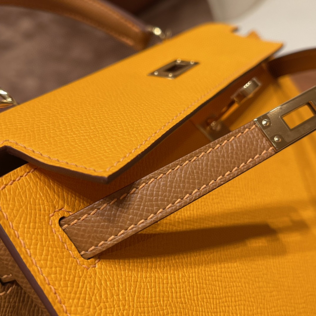 爱马仕 HERMES Kelly 25cm epsom皮 VIP定制 马蹄印 9V 太阳黄 拼37 金棕 金扣