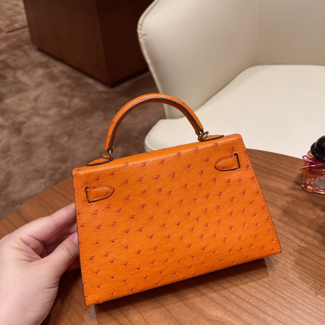 HERMES 爱马仕 mini kelly 二代 鸵鸟皮ostrich 皮 93 橙色 金扣