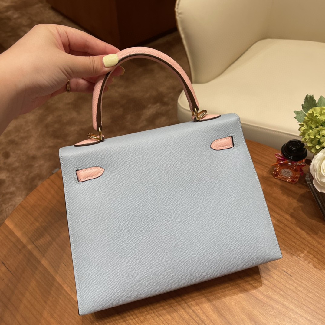 爱马仕 HERMES Kelly 25cm epsom皮 VIP定制 马蹄印 BB 蓝拼3Q粉 金扣