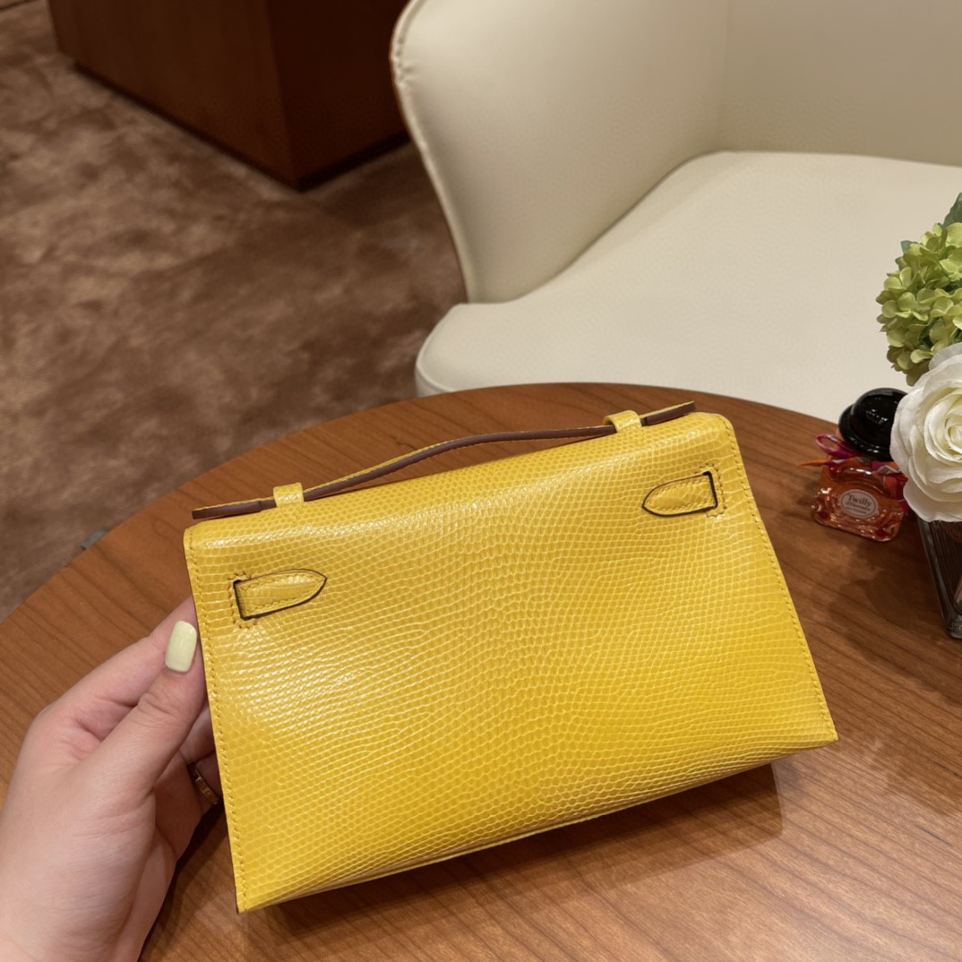 HERMES Kelly pochette 一代手包 西班牙lizard 蜥蜴皮 9L 金丝雀黄银扣