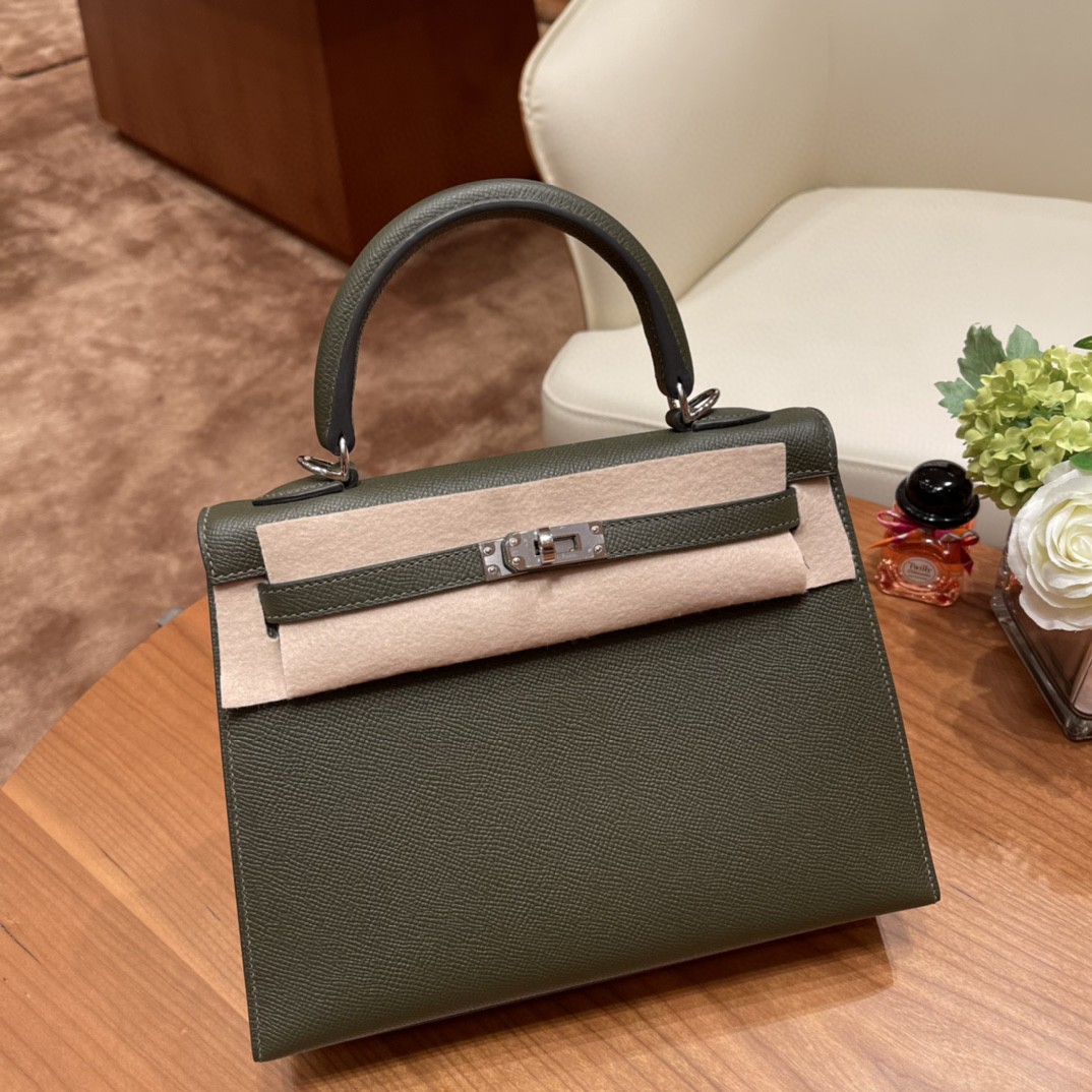 爱马仕 HERMES Kelly 25cm epsom皮 C6 灰绿 银扣