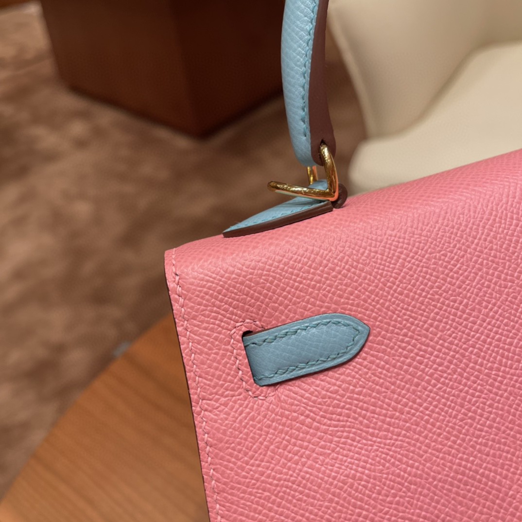 爱马仕 HERMES Kelly 25cm epsom皮 VIP定制 马蹄印 1Q 奶昔粉拼3P 马卡龙蓝 金扣