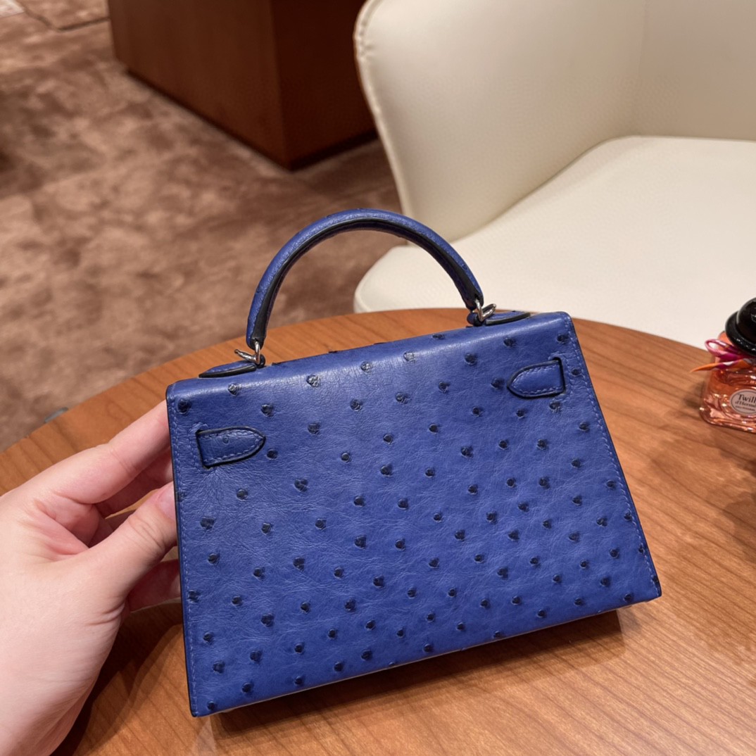 HERMES 爱马仕 mini kelly 二代 鸵鸟皮ostrich 皮 7T 电光蓝 银扣