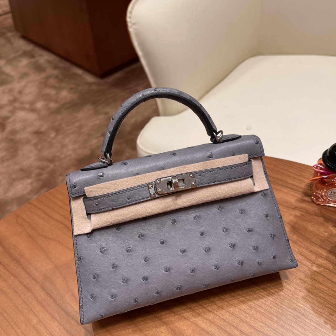HERMES 爱马仕 mini kelly 二代 鸵鸟皮ostrich 皮 82 玛瑙灰银扣