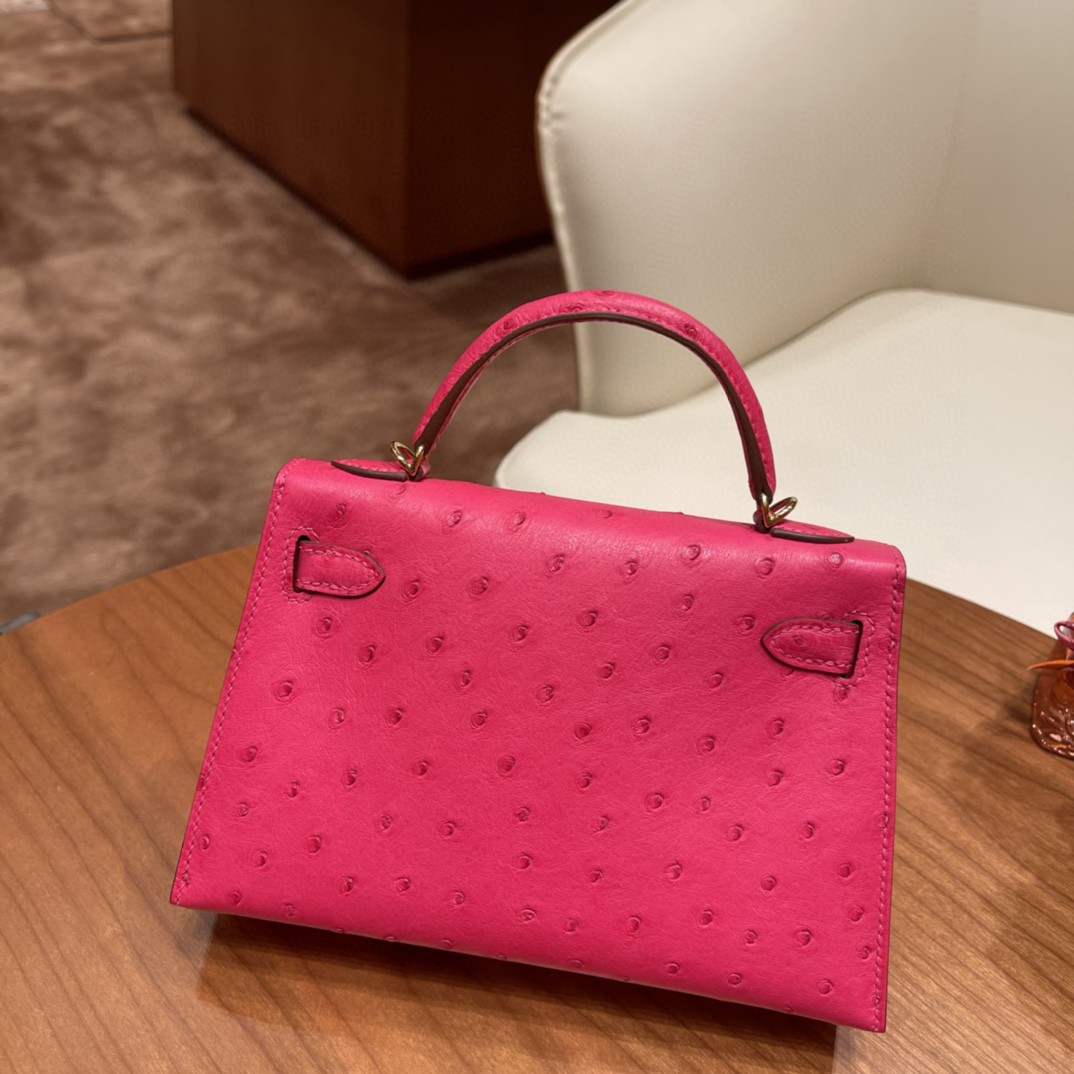 HERMES 爱马仕 mini kelly 二代 鸵鸟皮ostrich 皮 E5 糖果粉 金扣