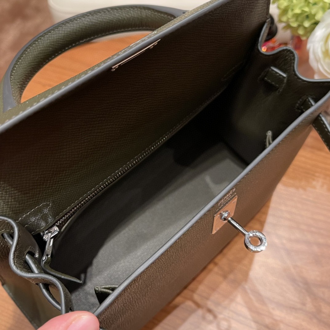 爱马仕 HERMES Kelly 25cm epsom皮 C6 灰绿 银扣