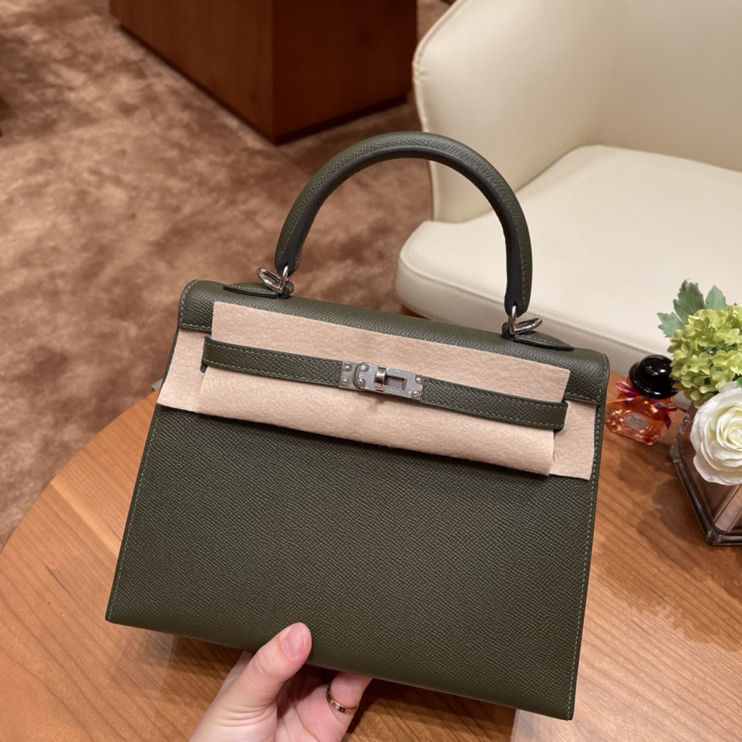 爱马仕 HERMES Kelly 25cm epsom皮 C6 灰绿 银扣