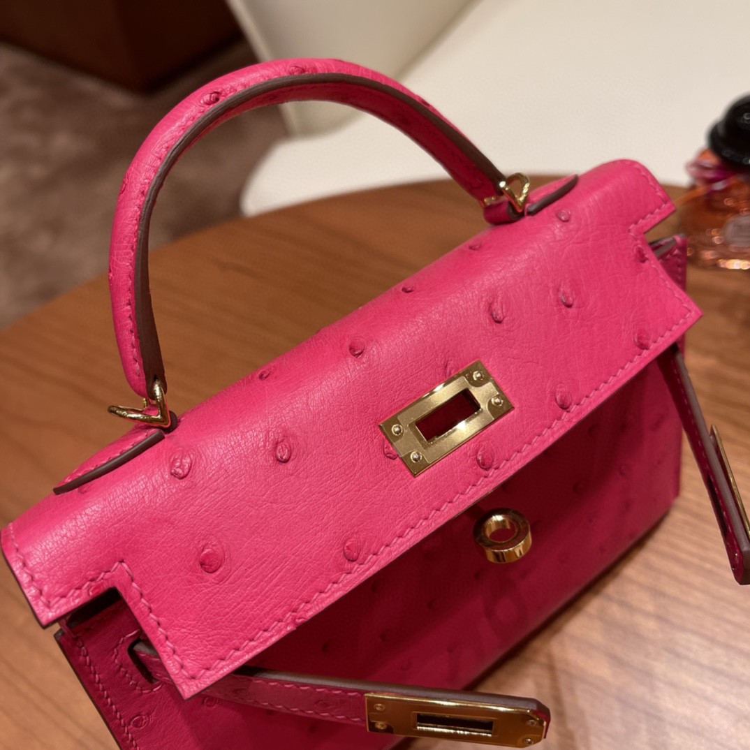 HERMES 爱马仕 mini kelly 二代 鸵鸟皮ostrich 皮 E5 糖果粉 金扣