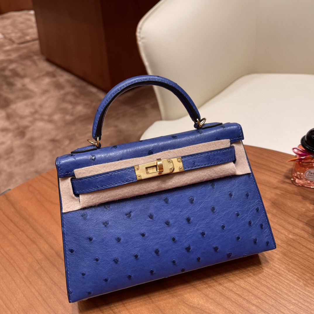 HERMES 爱马仕 mini kelly 二代 鸵鸟皮ostrich 皮 7T 电光蓝 金扣