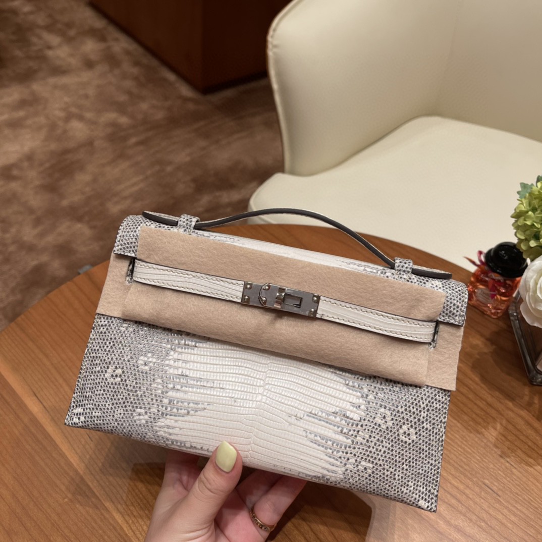 爱马仕 Kelly pochette 一代手包 西班牙lizard 蜥蜴皮 1B 雪花色 银扣