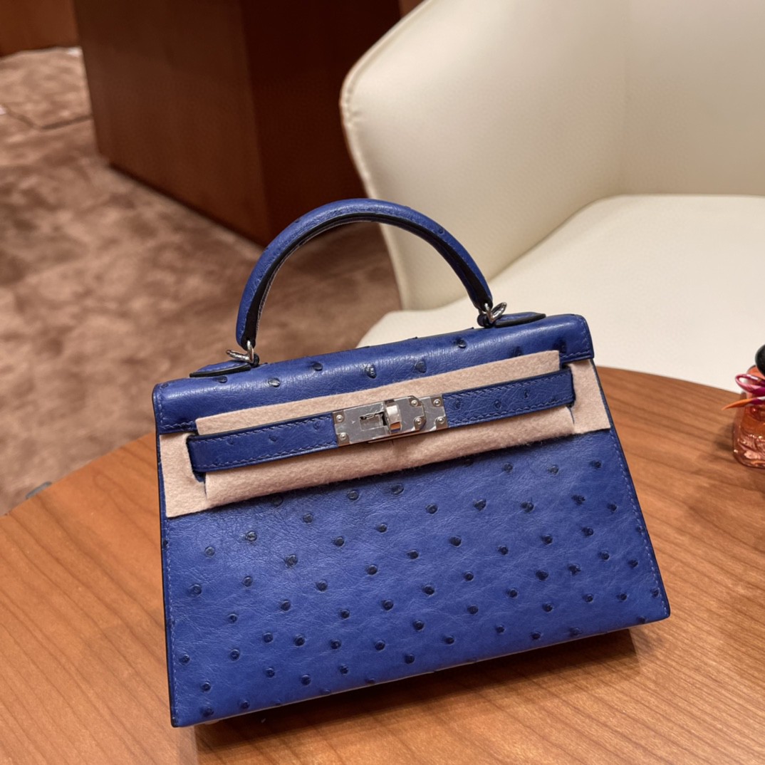HERMES 爱马仕 mini kelly 二代 鸵鸟皮ostrich 皮 7T 电光蓝 银扣