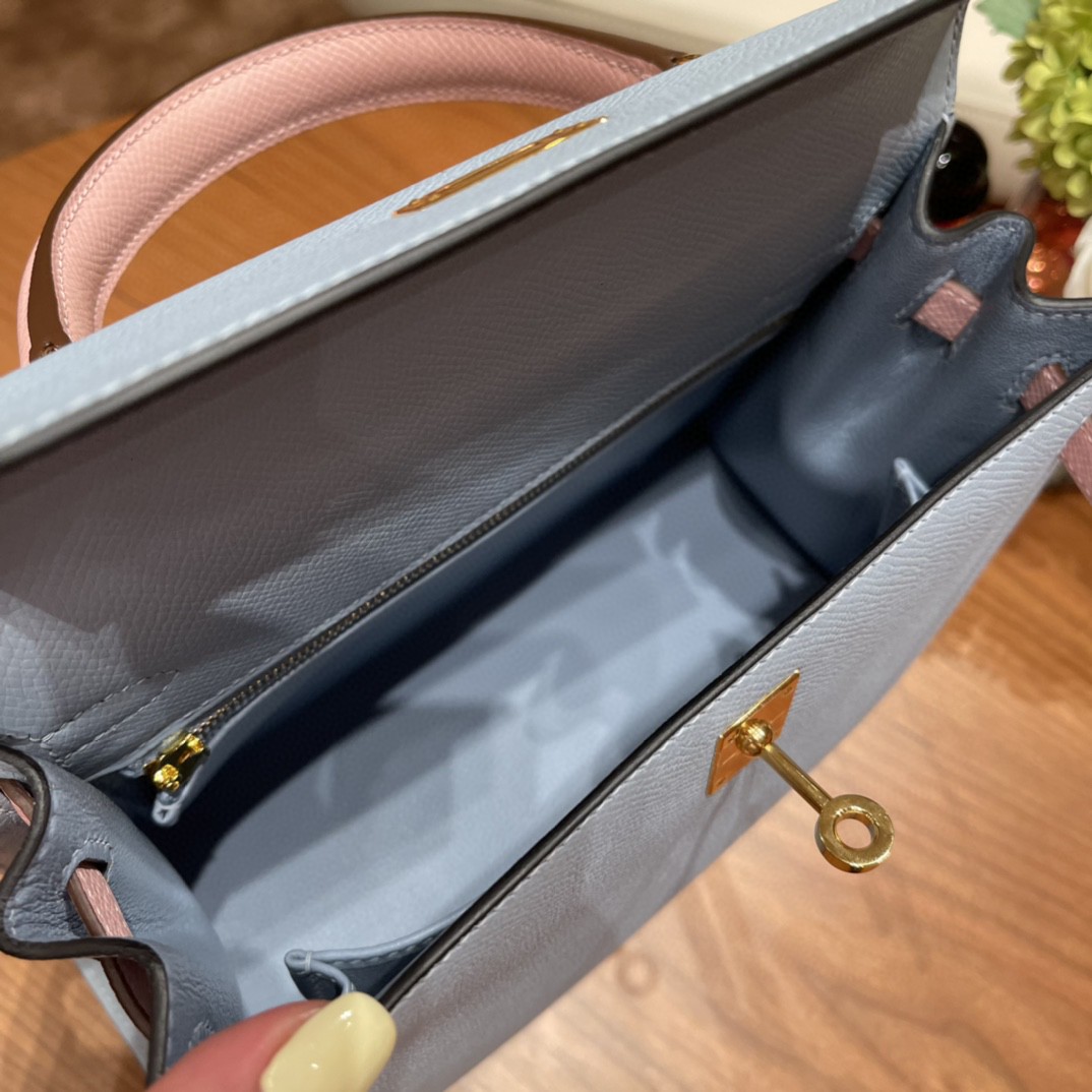 爱马仕 HERMES Kelly 25cm epsom皮 VIP定制 马蹄印 BB 蓝拼3Q粉 金扣