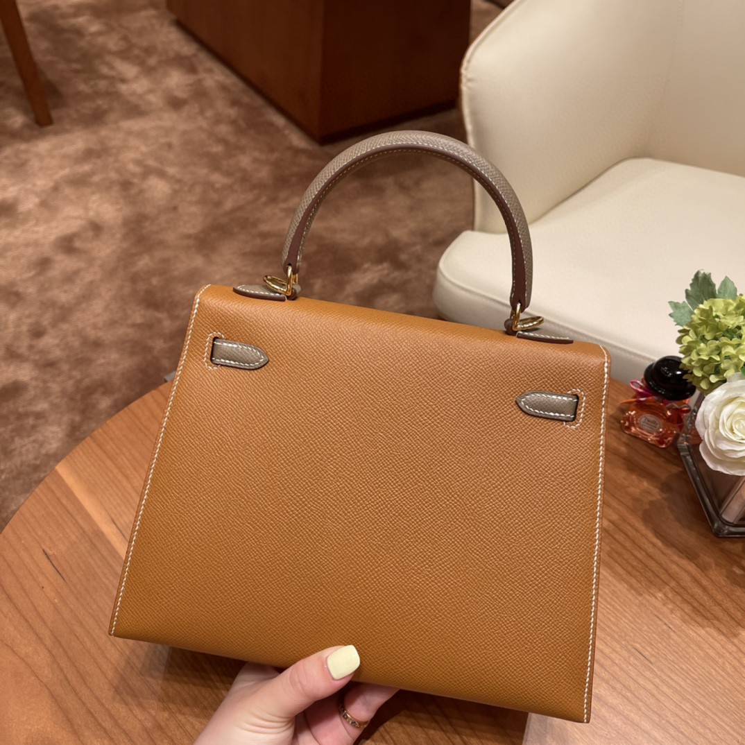 爱马仕 HERMES Kelly 25cm epsom皮 VIP定制 马蹄印 37 金棕拼18 大象灰 金扣