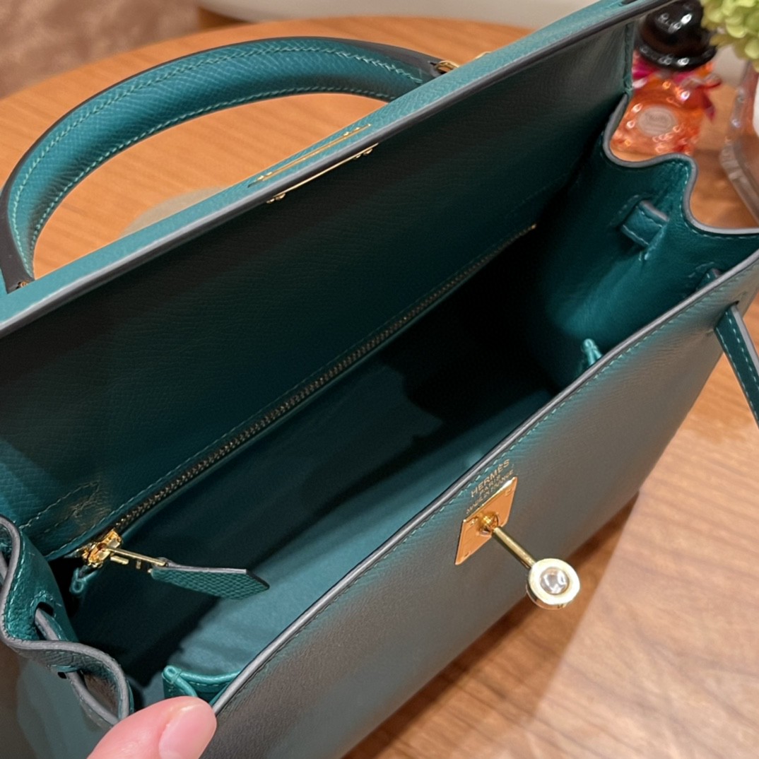 爱马仕 HERMES Kelly 25cm epsom皮 z6 孔雀绿 金扣