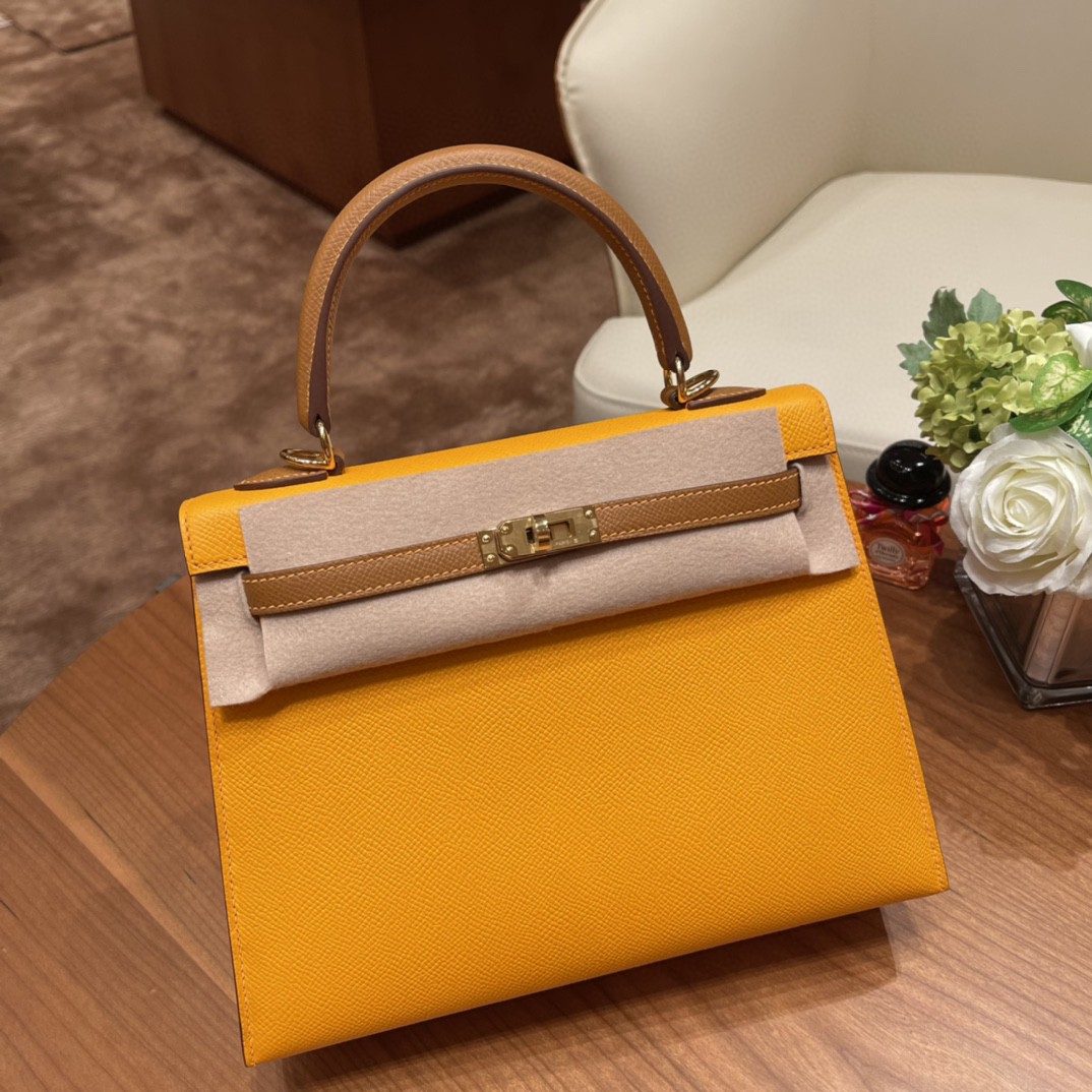 爱马仕 HERMES Kelly 25cm epsom皮 VIP定制 马蹄印 9V 太阳黄 拼37 金棕 金扣