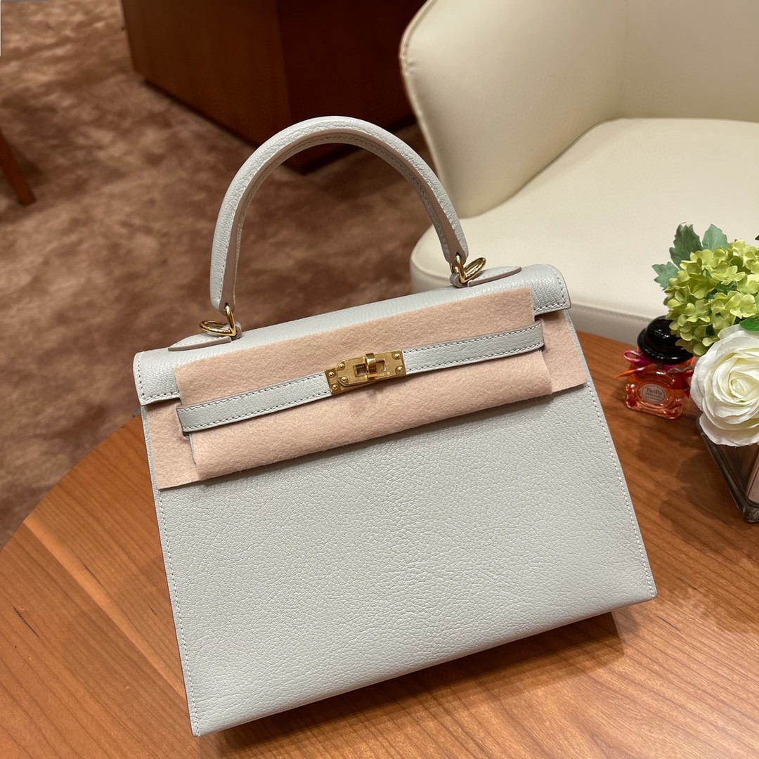 爱马仕 HERMES Kelly 25cm 山羊皮 VIP定制 马蹄印 80珍珠灰内拼玫瑰紫 金扣