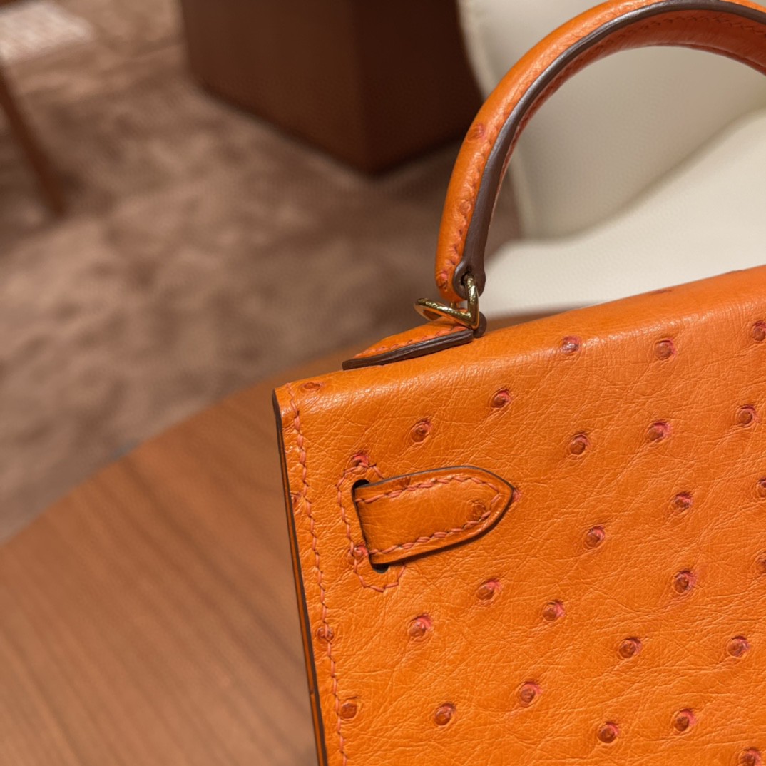 HERMES 爱马仕 mini kelly 二代 鸵鸟皮ostrich 皮 93 橙色 金扣