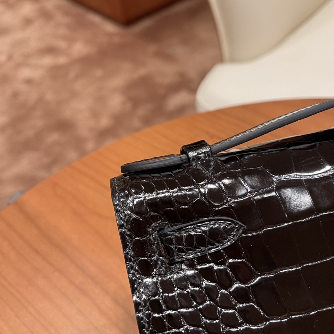 HERMES Kelly pochette 一代手包 亮光美洲鳄Alligator  89黑色 金扣