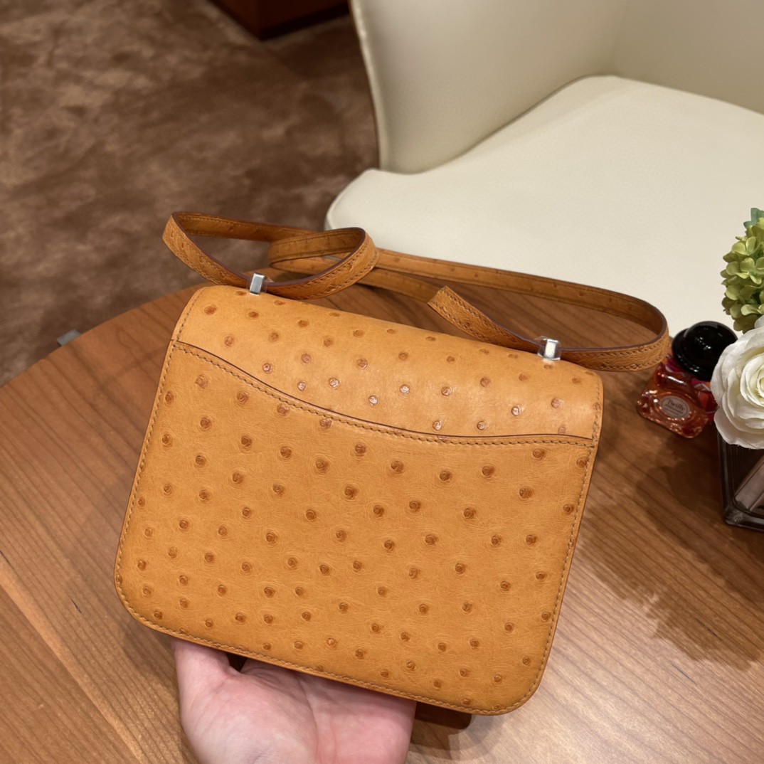 HERMES 爱马仕 19 康康鸵鸟皮 9V 太阳黄 银扣