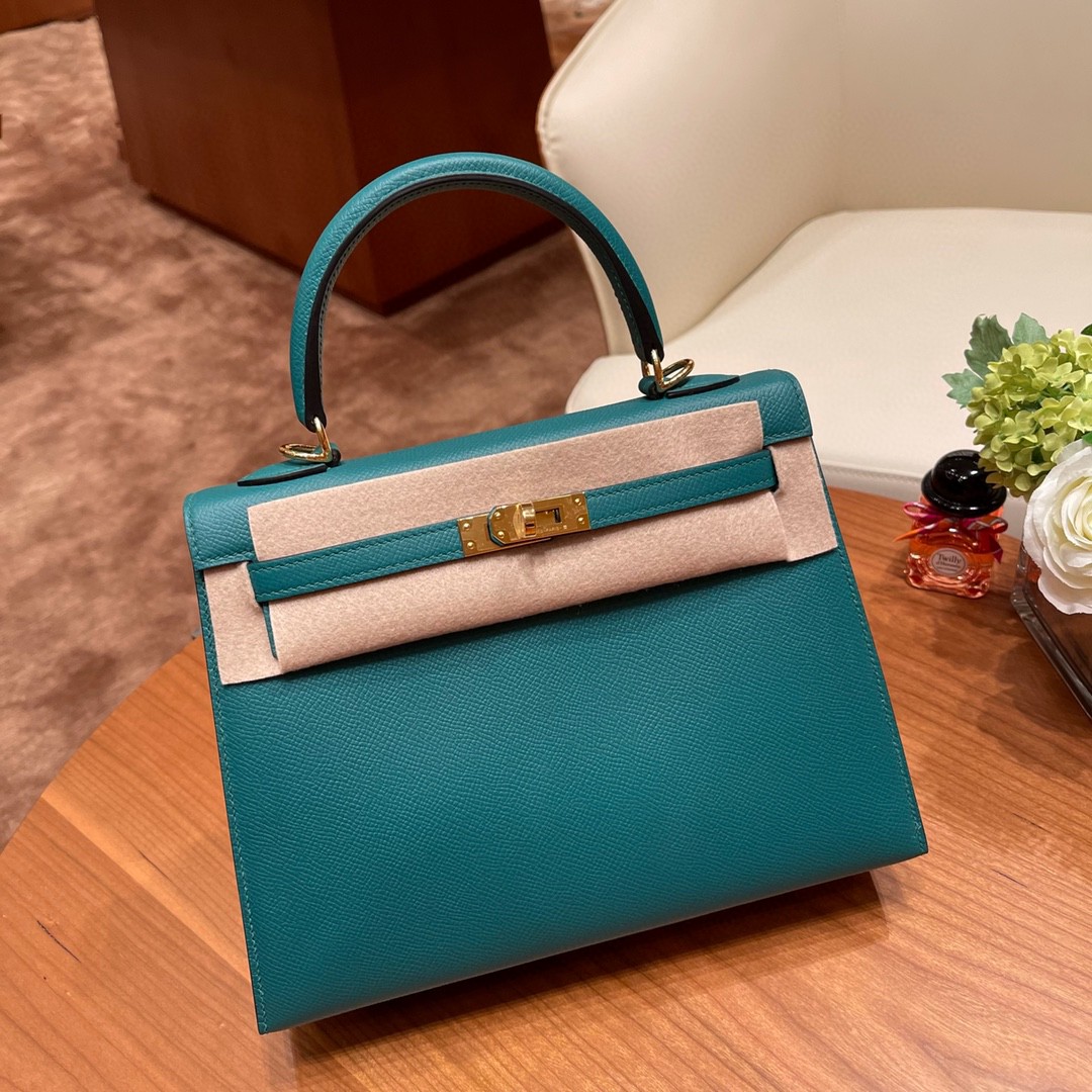 爱马仕 HERMES Kelly 25cm epsom皮 z6 孔雀绿 金扣